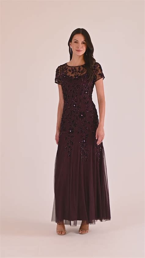 Hand Beaded Short Sleeve Floral Godet Gown In Night Plum Adrianna Papell