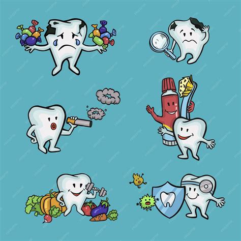 Conjunto De Dientes Sanos Y Dañados Vector De Higiene Bucal Vector Premium