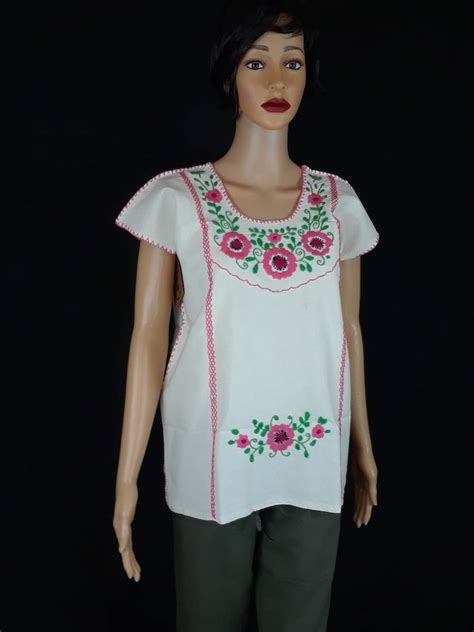 Ivory Blouse Huipil Hand Embroidered Mexican 100 Cotton Pink Etsy