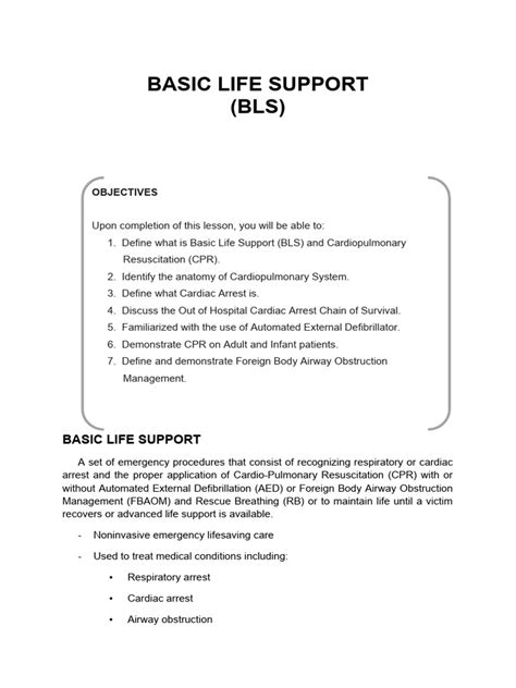 Basic Life Support Bls Objectives Pdf Cardiopulmonary