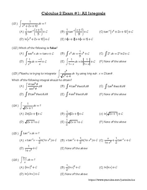 Calc 2 Exam 1 All Integrals 2 Calculus 2 Exam 1 All Integrals Q1