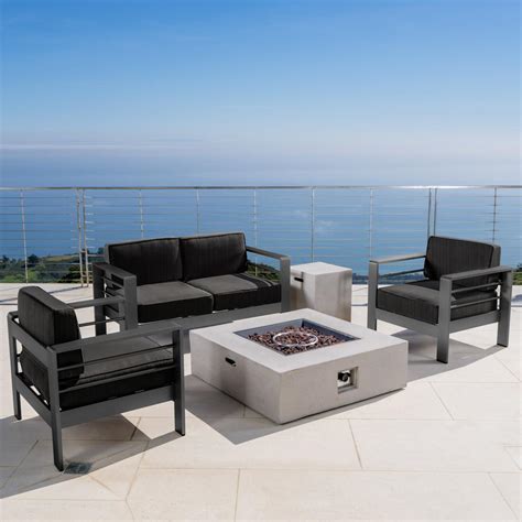 Noble House Cape Coral Grey Piece Metal Patio Fire Pit Set With Dark