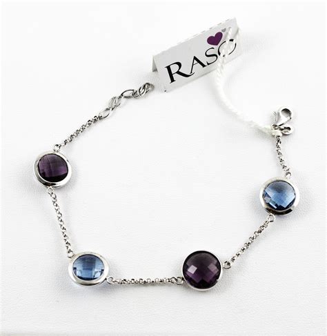 Bracciale Raso Gioielli In Argento Con Cristalli Viola E Celeste