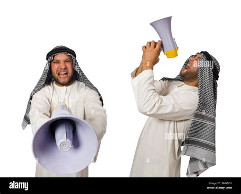 Arab Man With Loudspeaker Isolated On White Stock Photo Alamy