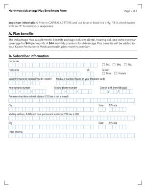 Fillable Online Medicare Kaiserpermanente Advantage Plus Enrollment