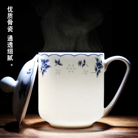 景德镇陶瓷带盖茶杯办公杯骨瓷水杯会议杯酒店会议室泡茶杯子虎窝淘