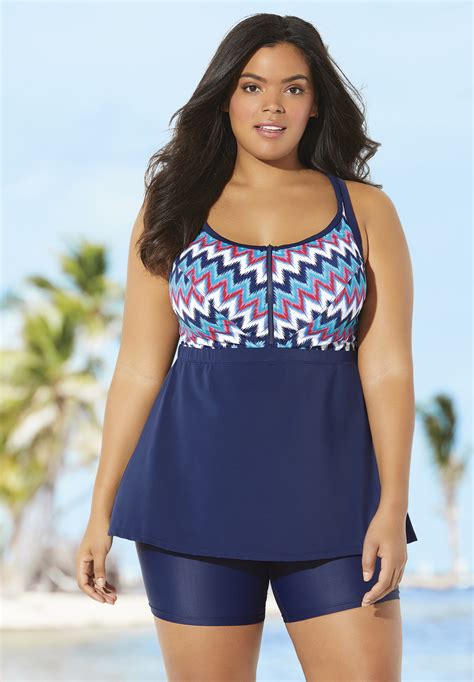 Zip Front Tankini Top Plus Size Swimwear Roamans