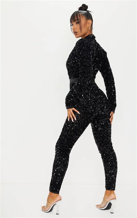 Black Velvet Sequin Plunge Front Tailored Jumpsuit Jumpsuits And Playsuits Prettylittlething