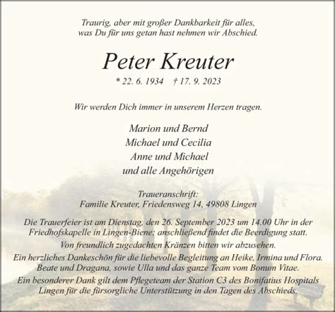 Traueranzeigen Von Peter Kreuter Noz Trauerportal