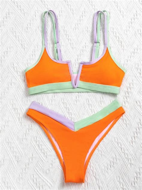 Rib V Wired Bikini Swimsuit SHEIN USA Bikini Swimwear Bikini Set