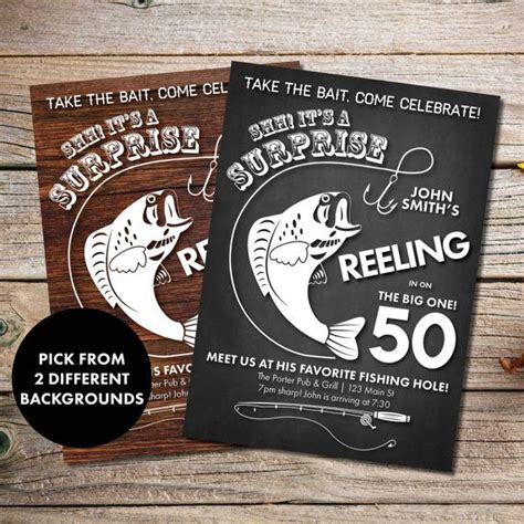 Two Birthday Party Flyers With Fishing Theme On Them And The Words