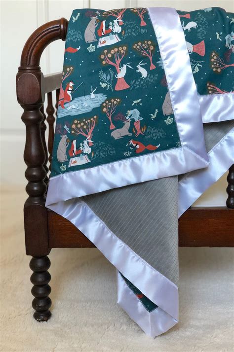 Woodland Animal Minky Baby Blanket Satin Trim Dark Green And Etsy