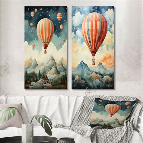 Winston Porter Hot Air Balloon In Flight Mountain View Hot Air Balloon Canvas Prints Set Of 2