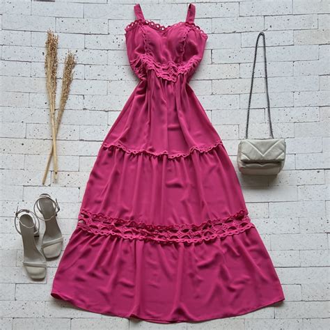 Vestido Longo Camadas Detalhe Em Gripier Pink Dondoca Moda Feminina