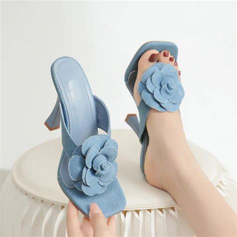 Eilyken 2024 Summer Denim Flowers Square Clip Toe Woman Slippers Sexy