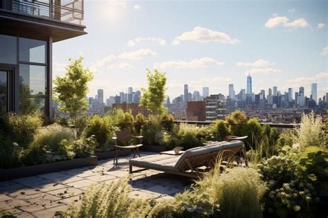 Premium AI Image A Contemporary Urban Rooftop Garden With City Skyl