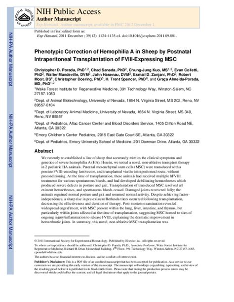 Pdf Phenotypic Correction Of Hemophilia A In Sheep By Postnatal