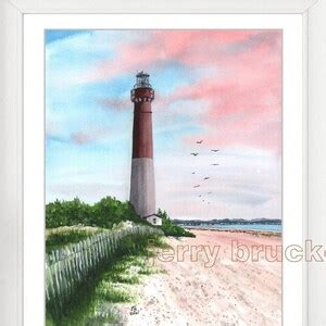 Barnegat Lighthouse Painting Light Lbi Long Beach Island Pink Sky