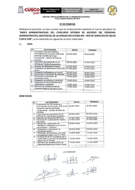 FE DE ERRATAS CONCURSO INTERNO DE ASCENSO DEL PERSONAL ADMINISTRATIVO