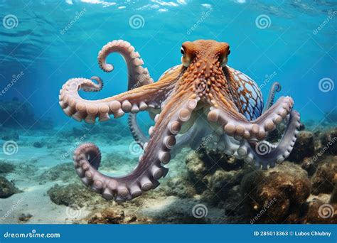 Octopus And Coral Reef In The Sea Generative AI Stock Illustration