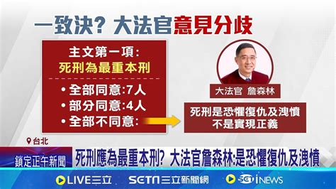 大法官也沒 一致決 17項主文僅8項全數同意 死刑應為最重本刑 大法官詹森林 是恐懼復仇及洩憤 │記者 游濤 邱文言│【台灣要聞】20240922│三立inews Youtube