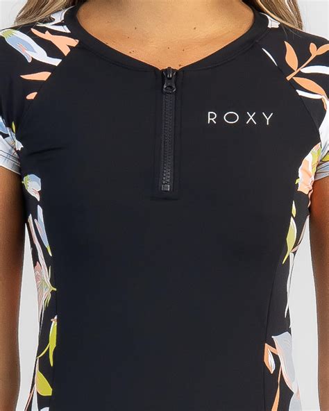 Roxy Caps Sleeves 1 2 Zipped Rash Vest In Anthracite Hibiscus Wave Swim