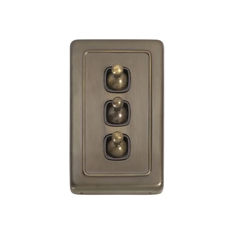 3 Gang Flat Plate Toggle Switches W72mm Brown Rim Antique Brass