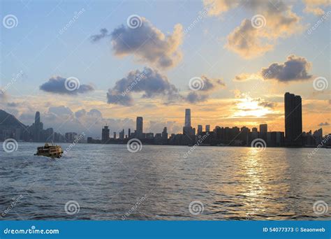 Victoria Harbor Of Hong Kong At Sunset Stock Image Image Of Dusk