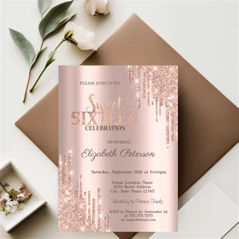 Modern Glitter Drips Rose Gold Sweet 16 Invitation Zazzle