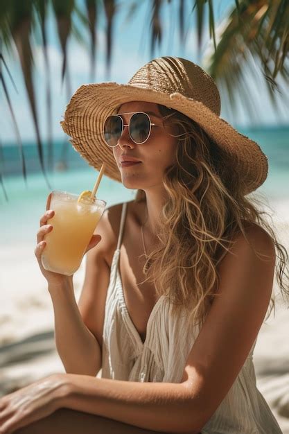 Premium Ai Image Woman Drinking A Pina Colada Smoothie On The Beach