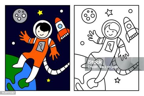 우주 비행사는 교육을 그리는 아이들을 위한 공간 색칠 공부 페이지를 날고 있습니다 색칠하기 책에 대 한 판타지 테마의 간단한
