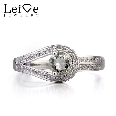 Leige Jewelry Natural Green Amethyst Ring Cocktail Party Ring Round Cut