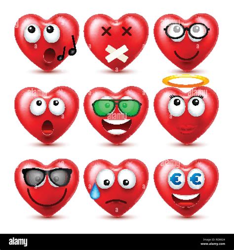 Heart Smiley Emoji Vector Set For Valentines Day Funny Red Face With