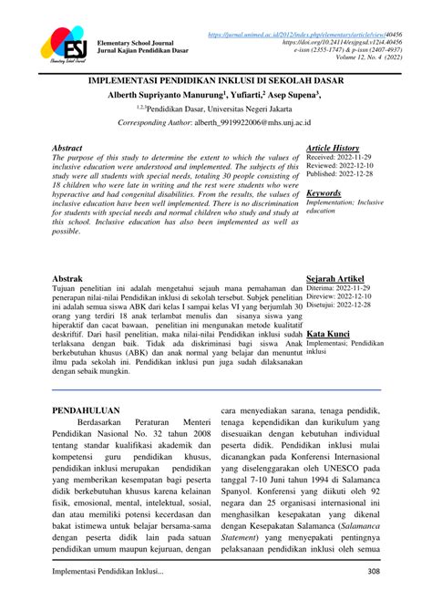 Pdf Implementasi Pendidikan Inklusi Di Sekolah Dasar