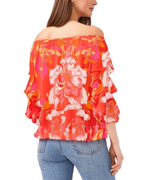 Vince Camuto Womens Floral Print Off The Shoulder Bubble Sleeve Tie