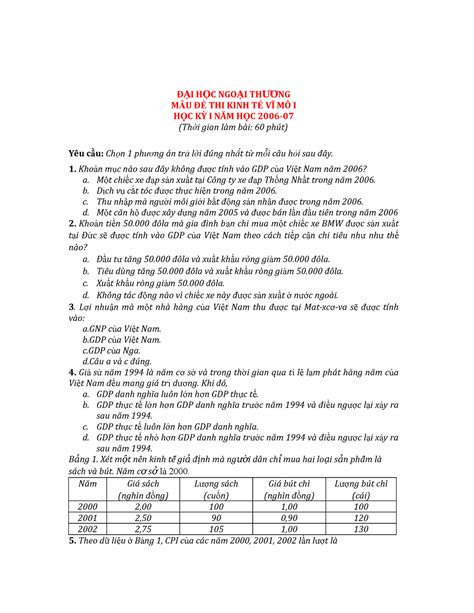 Kinh Tế Vĩ Mô Đ Ại H Ọc Ngo Ại Th ƯƠng MẪu ĐỀ Thi Kinh TẾ VĨ MÔ I HỌc KỲ I NĂm HỌc 2006 Thời