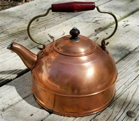 Vintage Revere Ware Copper Tea Pot Kettle Red Wood And Brass