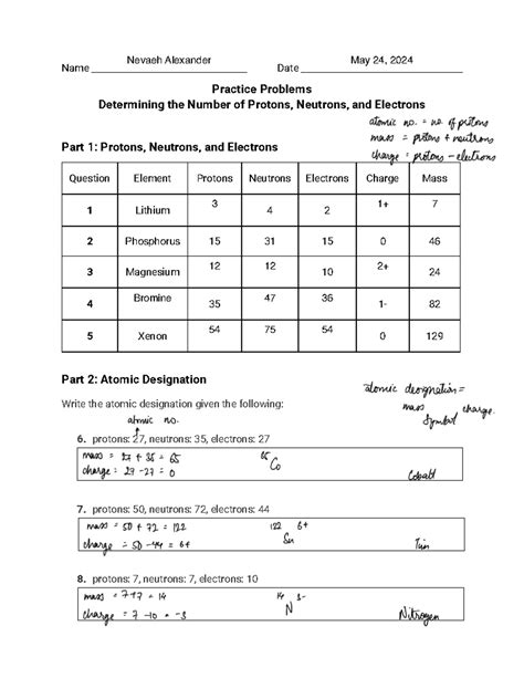 Protons Neutrons Electrons Practice Worksheet Answer Key 10