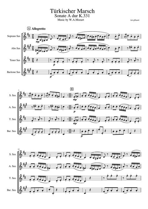 Mozart Turkish March K Sax Quartetto Unaccompanied Sheets By