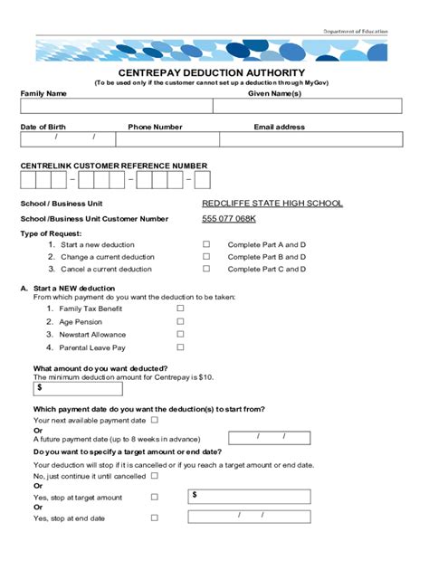 Fillable Online Redcliffeshs Eq Edu Centrepay Deduction Authority Form