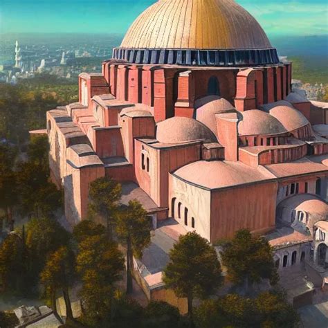 A Highly Detailed Painting Of The Hagia Sophia And The Stable