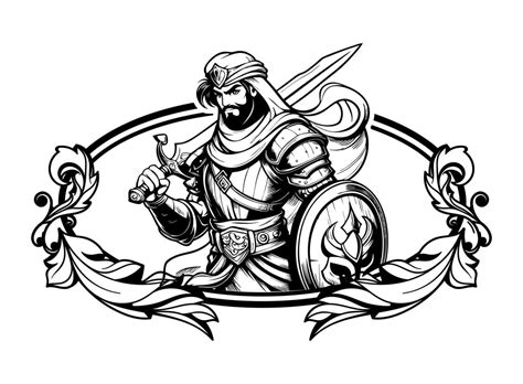 Arabian knight with sword and shield black and white cartoon character ...