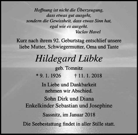 Traueranzeigen von Hildegard Lübke trauer anzeigen de