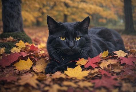 Premium AI Image | Cute black cat in autumn leaves