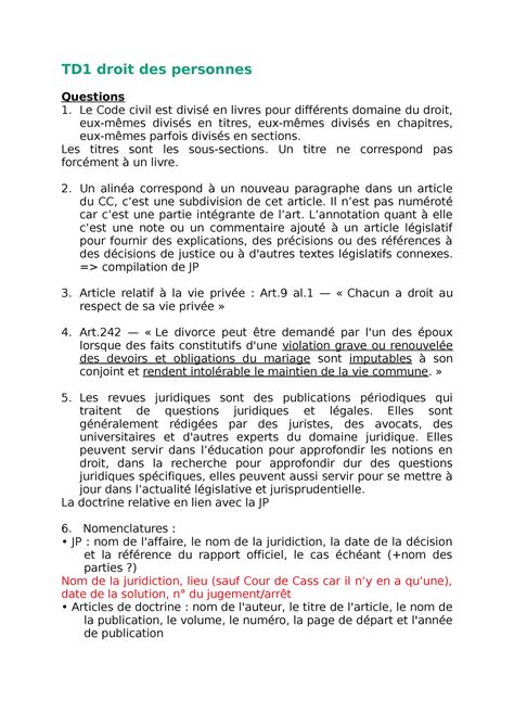 Droit Des Personnes Td1 Droit Des Personnes Questions Le Code Civil Est Divisé En Livres Pour