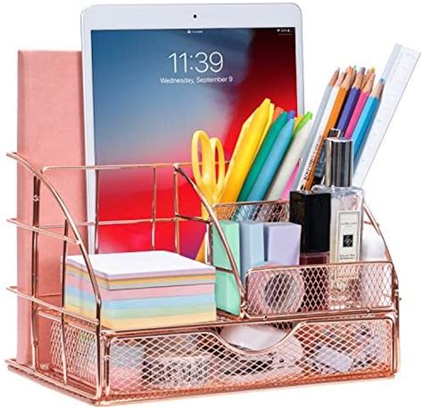 Rose Gold Desk Organiser With Drawer Multi Use Metal Desktop Organizer