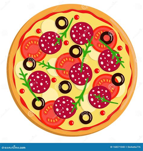 Vector Drawing Of A Whole Round Pizza With Tomatoes Pepperoni Sausage