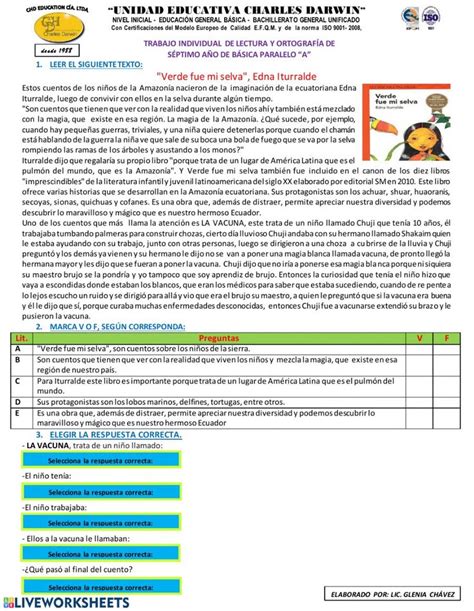 Lectura comprensiva worksheet for SÉPTIMO AÑO DE BÁSICA