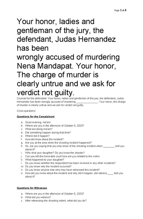 Mock trial murder 2024 - notes - Page 1 of 6 Your honor, ladies and