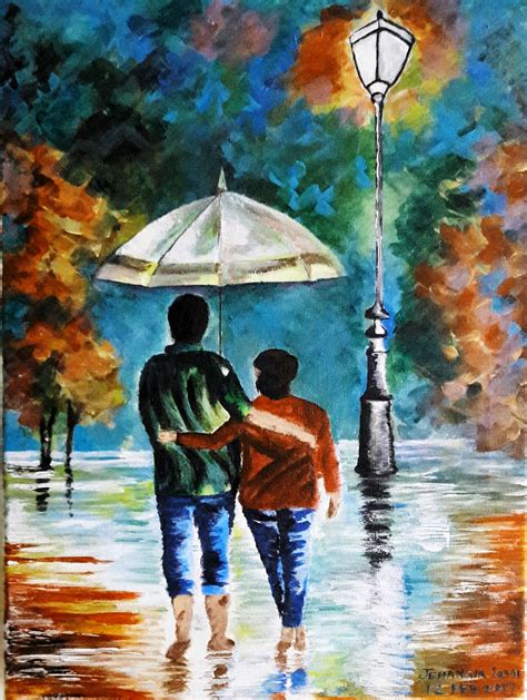 Abstract Painting Couple Walking In Rain Acrylic Paint On Canvas